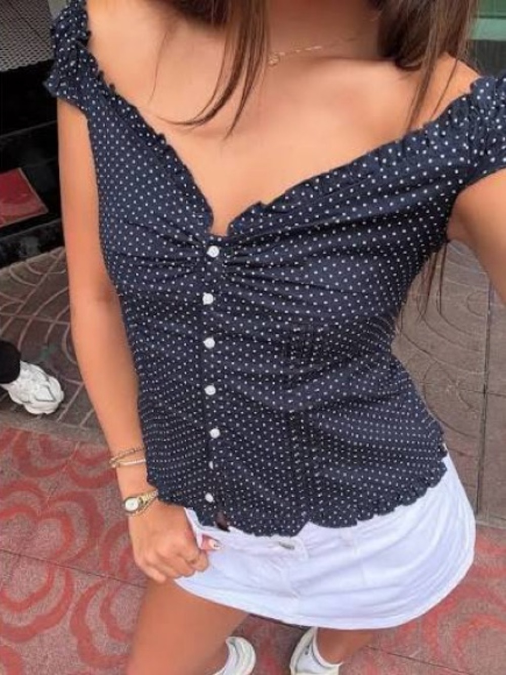 Brandy Melville Elena Navy Blue Polka Dot Top